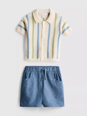 0–12 Monate | Set aus gestreiftem Strick-Poloshirt und Shorts