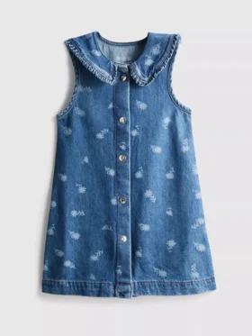 1,5–8 Jahre | Ärmelloses Jeanskleid mit Kragen und Blumenmuster