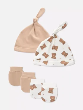 2er-Pack Teddybär-Set mit Mütze und Fäustlingen für Neugeborene